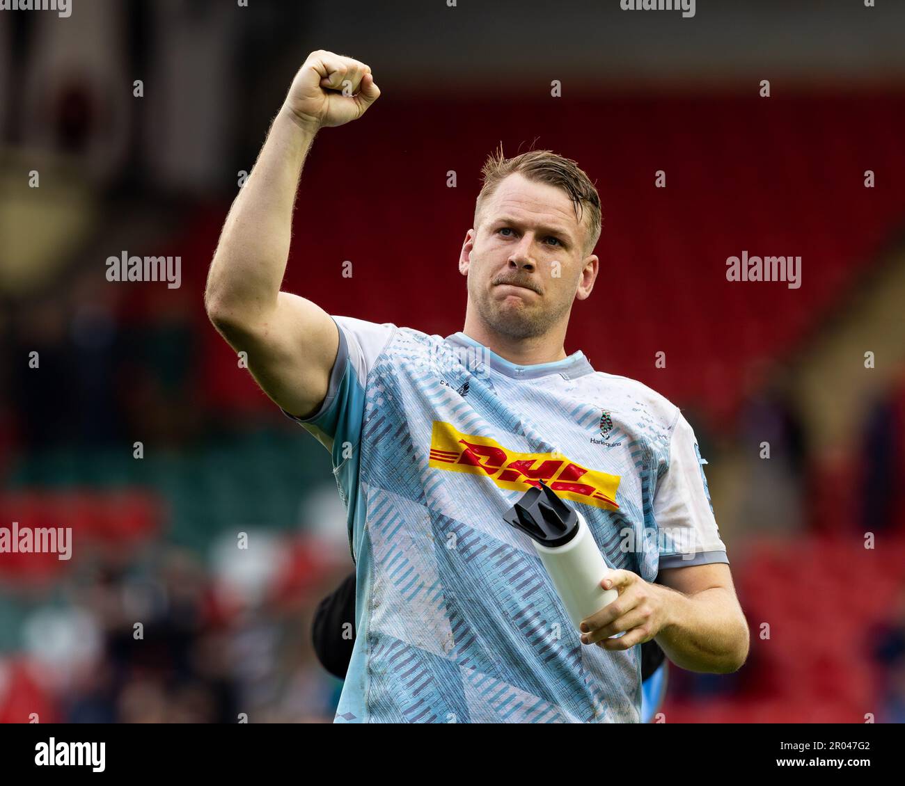 Alex Dombrandt of Harlequins celebrates victory after the Gallagher