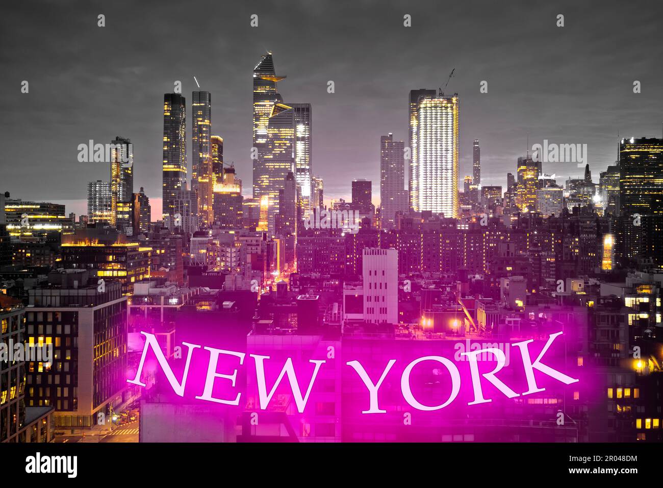 Epic skyline of New York City with pink neon sign night view , United ...