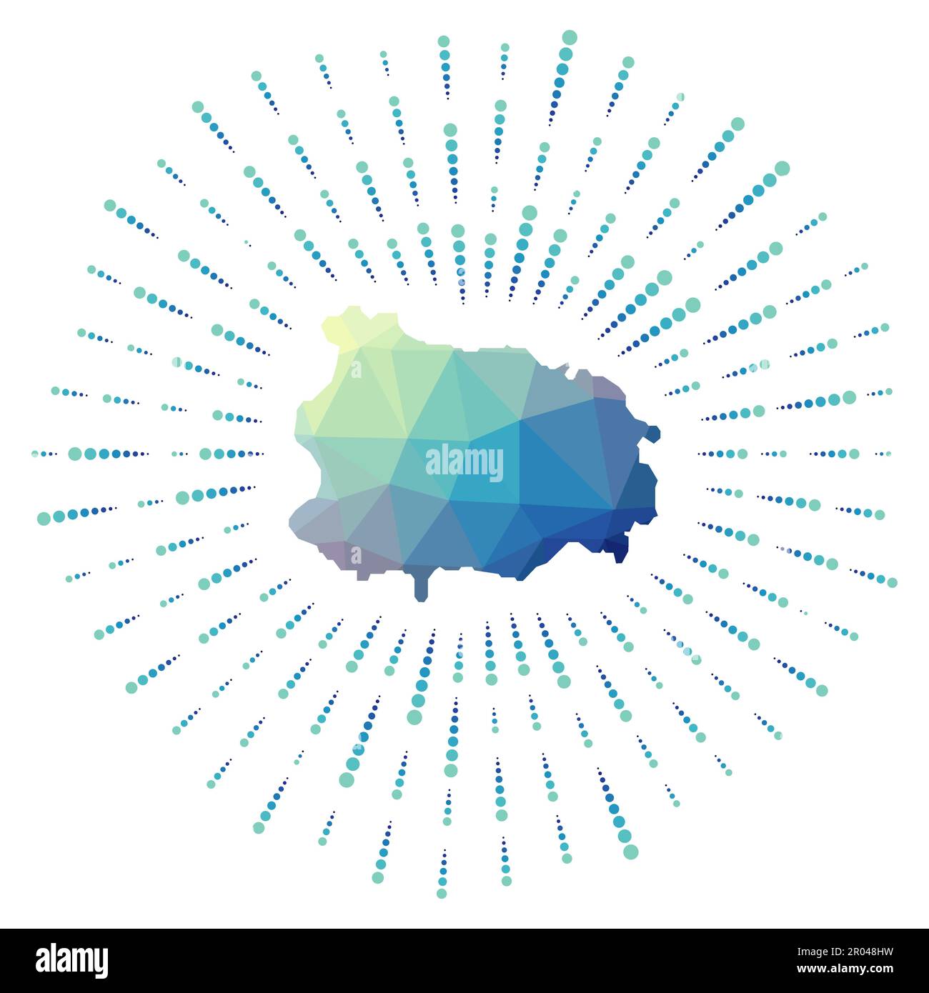 Shape of Ischia, polygonal sunburst. Map of the island with colorful ...