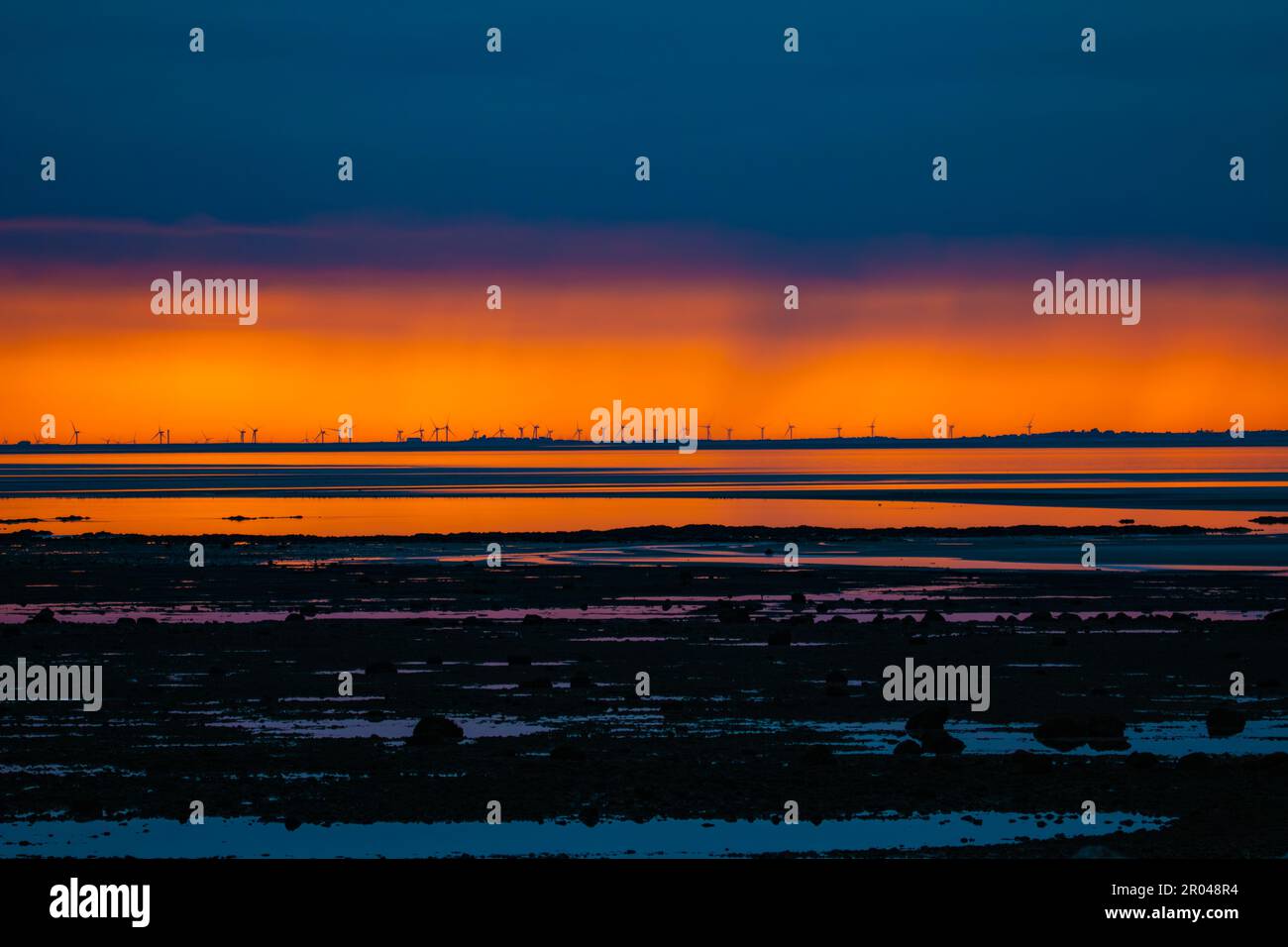 Heysham Lancashire, U Nited Kingdom. 6th May, 2023. The Ormonde Windfarm off Walney Island photographed from Heysham Acoss MOrecambe Bays Kent Channel and Lancaster SOund Credit: PN News/Alamy Live News Stock Photo