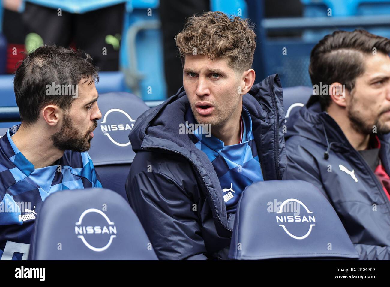 John Stones #5 of Manchester City on the bench during the Premier League match Manchester City vs Leeds United at Etihad Stadium, Manchester, United Kingdom, 6th May 2023  (Photo by Mark Cosgrove/News Images) Stock Photo