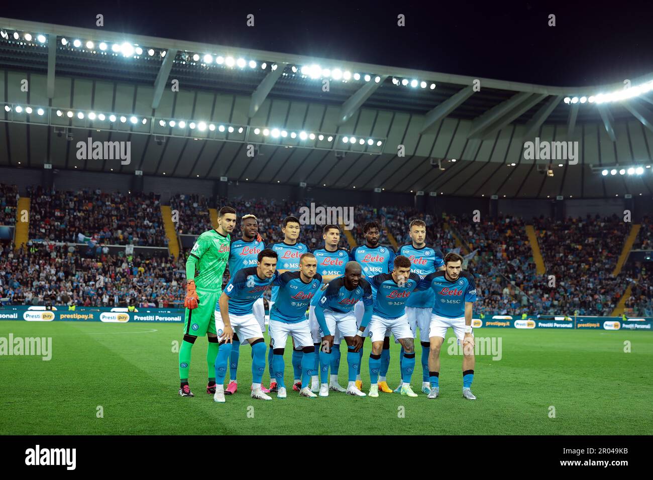 Udine, Italy, 4th May 2023. The SSC Napoli starting eleven line up for a team photo prior to kick off, back row ( L to R ); Alex Meret, Victor Osimhen, Min-Jae Kim, Mathias Olivera, Andre Anguissa and Amir Rrahmani, front row ( L to R ); Eljif Elmas, Stanislav Lobotka, Tanguy Ndombele, Giovanni Di Lorenzo and Khvicha Kvaratskhelia, in the Serie A match at Dacia Arena, Udine. Picture credit should read: Jonathan Moscrop / Sportimage Stock Photo