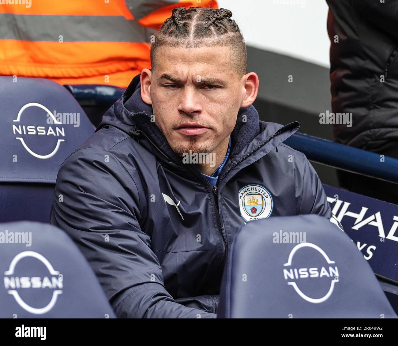 Kalvin Phillips #4 of Manchester City on the bench during the Premier 