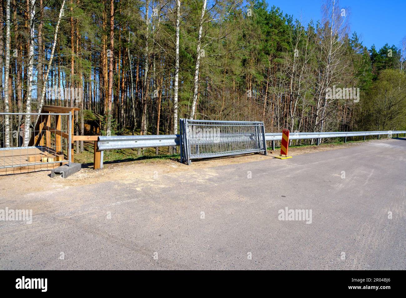 Metal fence parts prepared for delimitation of construction objects. Stock Photo