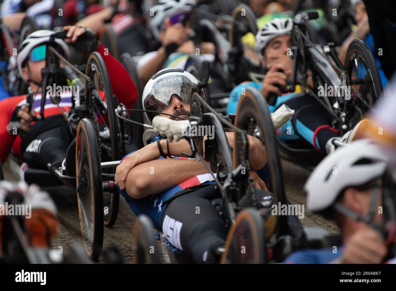 UCI World Cup, Road Race, Ostend, Belgium 05 May, 2023 Riders stage for the start of the men's