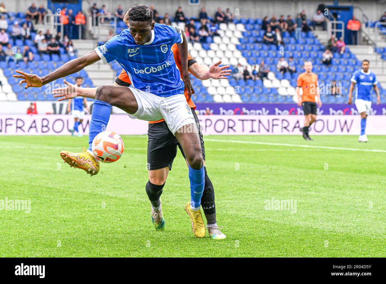 Ibrahima Sory Bangoura (70) of Jong Genk pictured during a soccer game between Jong Genk and KMSK Deinze during the 7 th matchday in the Challenger Pro League relegation play-offs for the 2022-2023 season ,  on  Saturday 6 May 2023  in Genk , Belgium . PHOTO SPORTPIX | Stijn Audooren Stock Photo