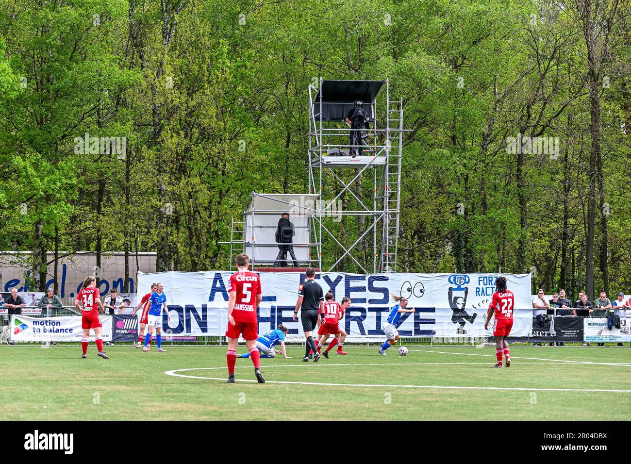 Tifo pictured during a female soccer game between  Racing Genk Ladies and Standard Femina de Liege on the 9th matchday in play-off 1 of the 2022 - 2023 season of Belgian Lotto Womens Super League , Saturday 6 May 2023  in Genk , Belgium . PHOTO SPORTPIX | Stijn Audooren Stock Photo