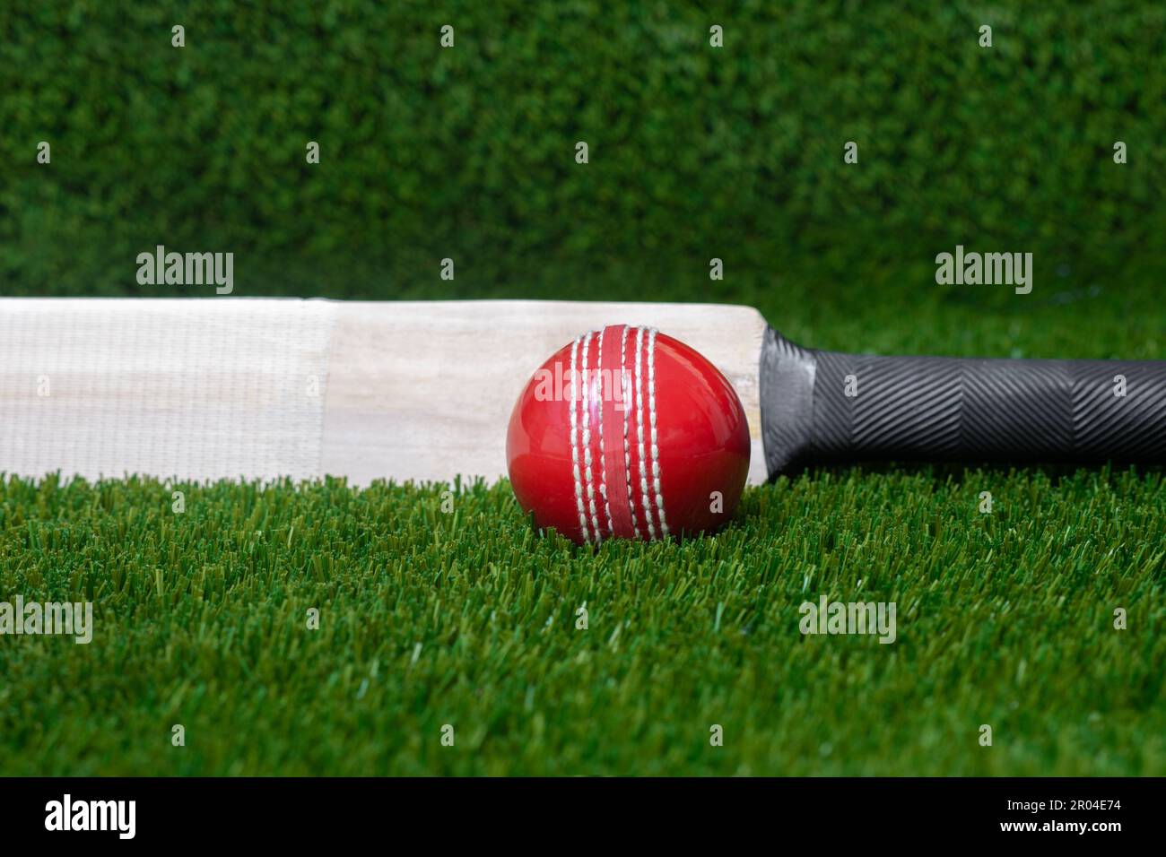 Cricket bat and red ball on green grass background. Horizontal sport