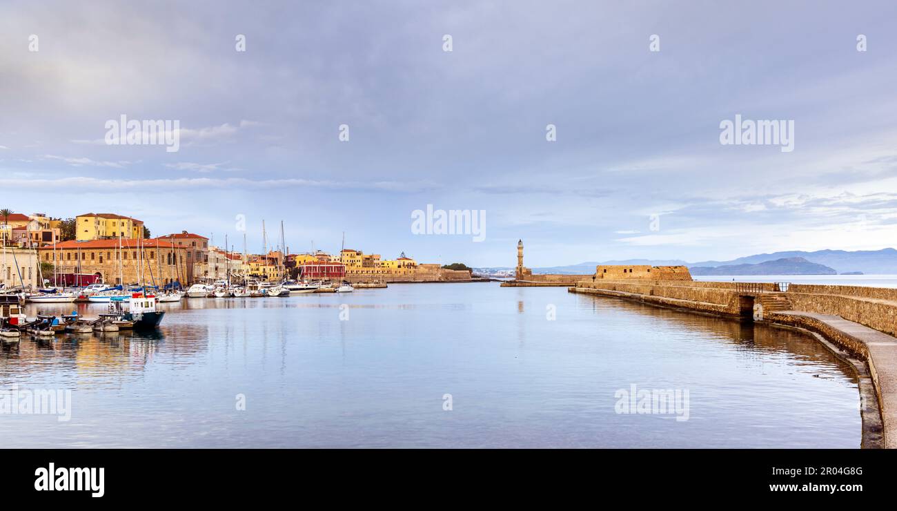 The harbour and lighthouse in Chania, Crete, Greece. Stock Photo