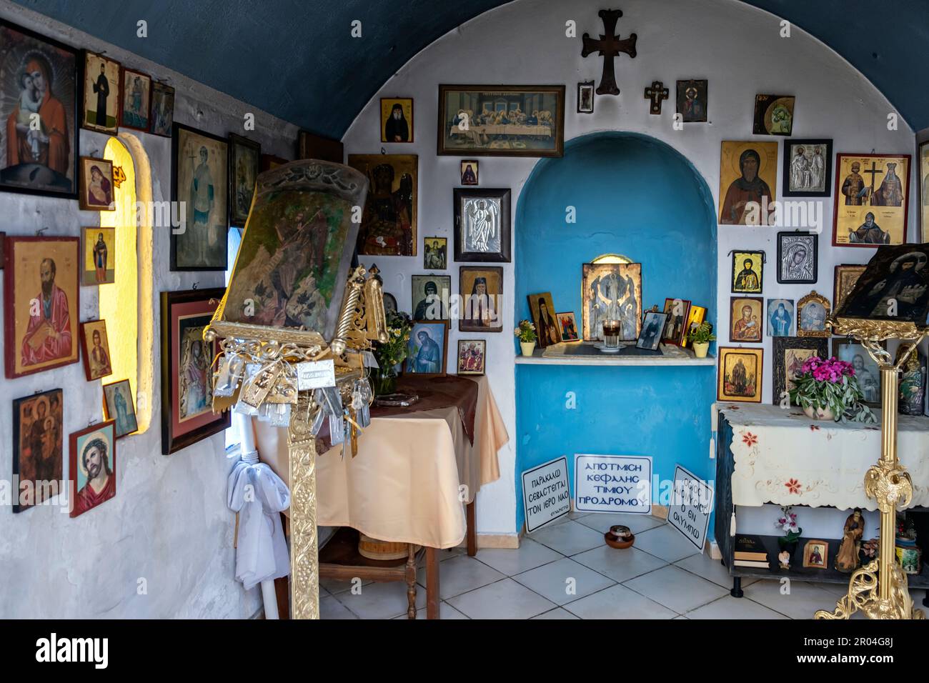 Interior of the small Church of Agios Dionysios of Olymbos on the coast in Galatas, Crete, Greece Stock Photo