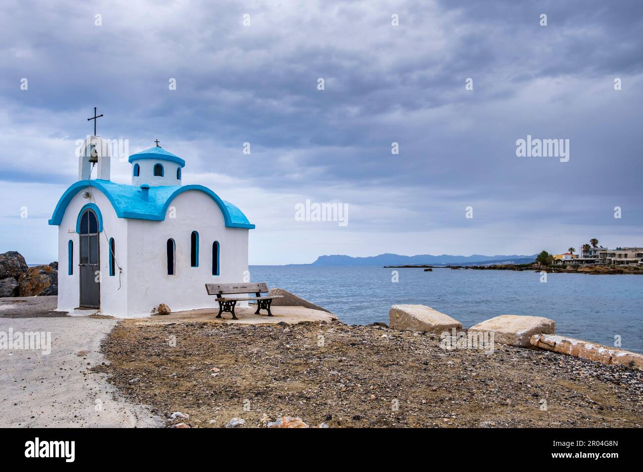 The beautiful Church of Agios Dionysios of Olymbos on the coast in Galatas, Crete, Greece Stock Photo