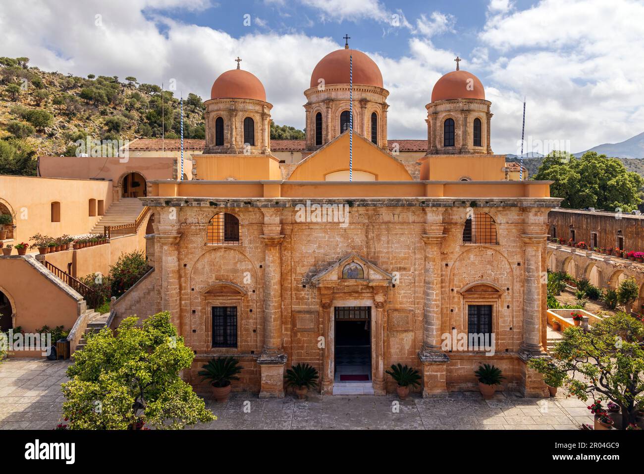 Greek Orthodox monastery Agia Triada in the Akrotiri peninsula near Chania, Crete. Greece. Stock Photo