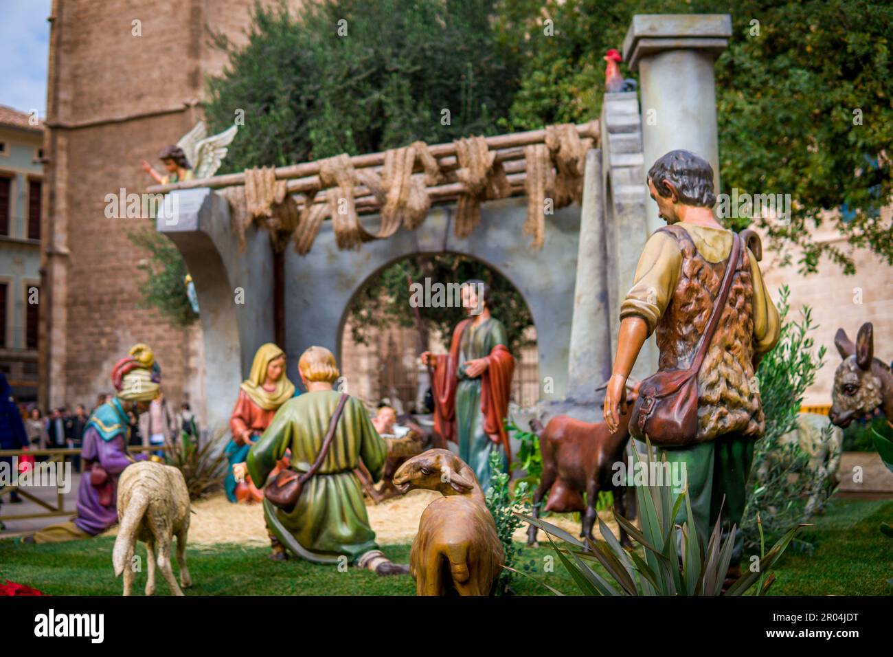 PIcture of Figures of the Christmas Nativity Scene in Plaza de la Reina Representing the Birth of Jesus Christ Stock Photo