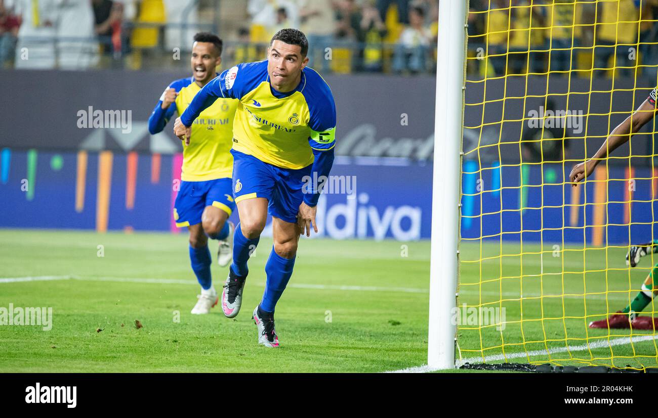 Cristiano Ronaldo of Al-Nassr FC celebrates after scoring against Al-Raed FC during their SAFF Roshn Saudi Pro League 2023-24 Match Day 24 at Al-Awwal Park Stadium on April 29, 2023 in Riyadh, Saudi Arabia. Photo by Victor Fraile / Power Sport Images Stock Photo