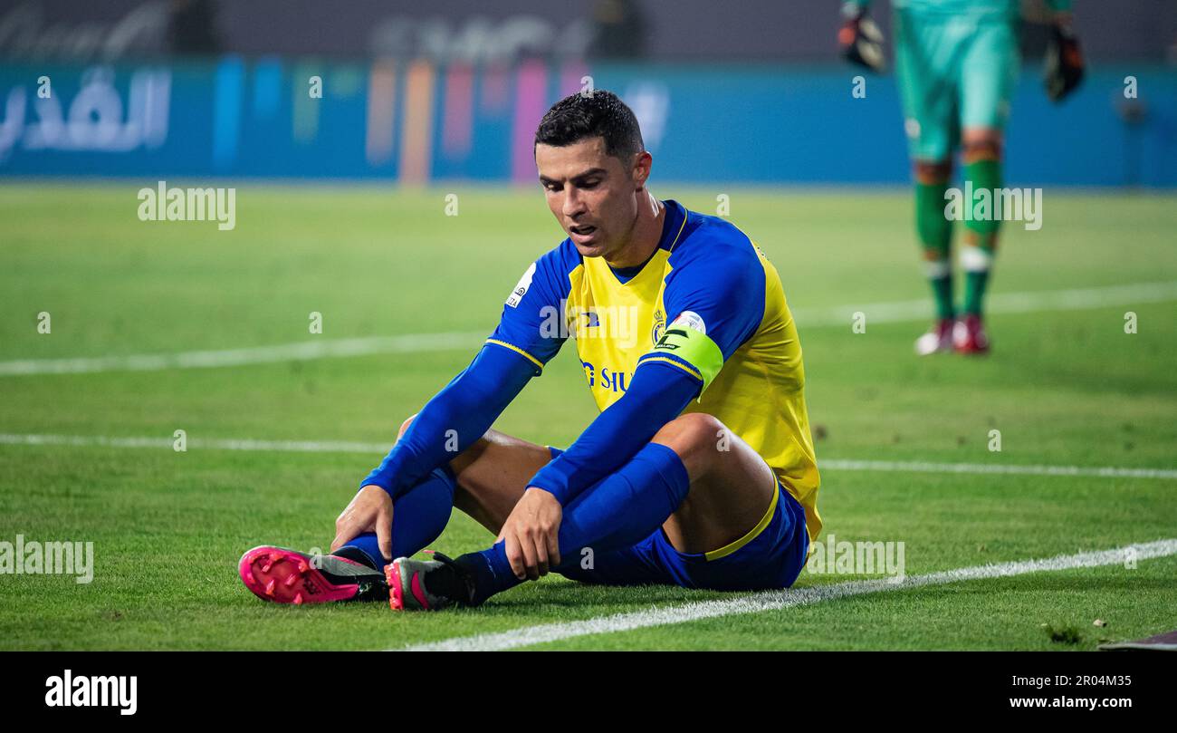 Cristiano Ronaldo of AlNassr FC gestures against AlRaed FC during