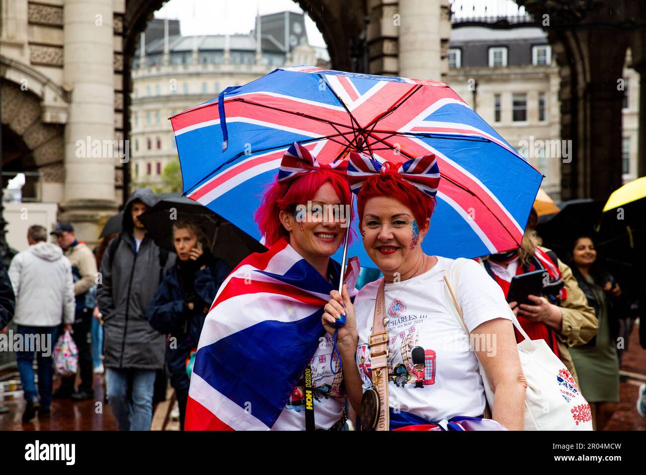 London, UK, 6th May 2023, Union Jack inspired hair and dress dressing