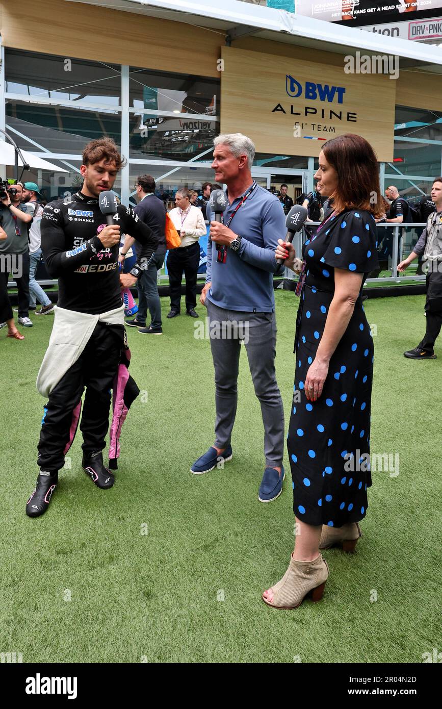 Miami, USA. 06th May, 2023. (L to R): Pierre Gasly (FRA) Alpine F1 Team with David Coulthard (GBR) Red Bull Racing and Scuderia Toro Advisor/Channel 4 F1 Commentator and Lee McKenzie (GBR) Channel 4 Presenter. Formula 1 World Championship, Rd 5, Miami Grand Prix, Saturday 6th May 2023. Miami International Autodrome, Miami, Florida, USA. Credit: James Moy/Alamy Live News Stock Photo