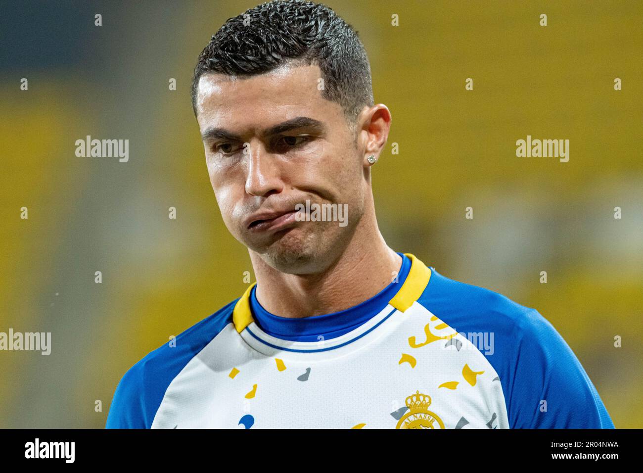 Cristiano Ronaldo of Al-Nassr FC gestures against Al-Raed FC during their SAFF Roshn Saudi Pro League 2023-24 Match Day 24 at Al-Awwal Park Stadium on April 29, 2023 in Riyadh, Saudi Arabia. Photo by Victor Fraile / Power Sport Images Stock Photo