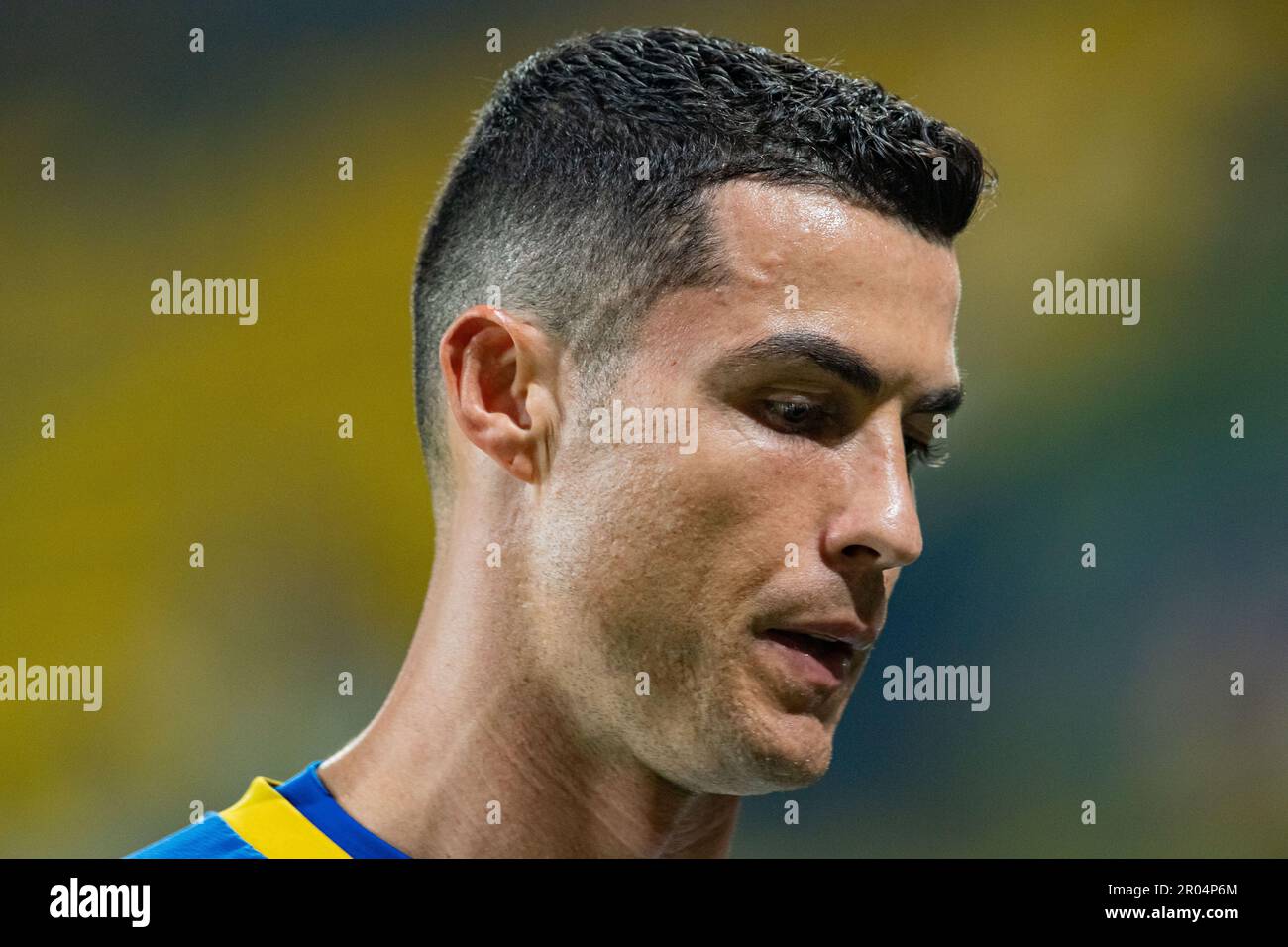 Cristiano Ronaldo of Al-Nassr FC gestures against Al-Raed FC during their SAFF Roshn Saudi Pro League 2023-24 Match Day 24 at Al-Awwal Park Stadium on April 29, 2023 in Riyadh, Saudi Arabia. Photo by Victor Fraile / Power Sport Images Stock Photo