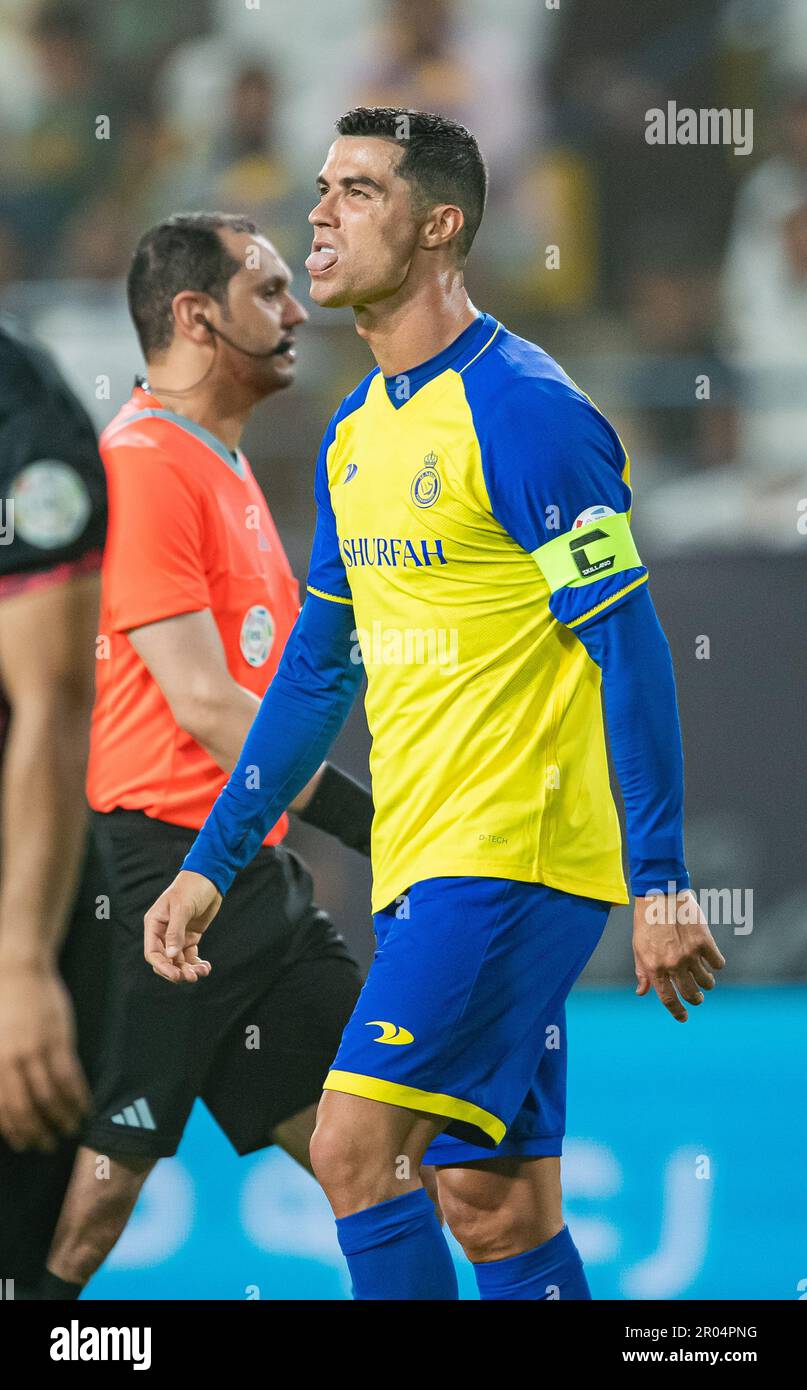 Cristiano Ronaldo of Al-Nassr FC tonge out against Al-Raed FC during their SAFF Roshn Saudi Pro League 2023-24 Match Day 24 at Al-Awwal Park Stadium on April 29, 2023 in Riyadh, Saudi Arabia. Photo by Victor Fraile / Power Sport Images Stock Photo