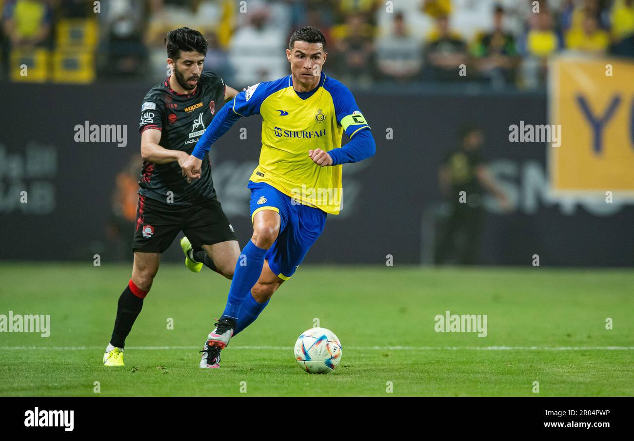 Cristiano Ronaldo of Al-Nassr FC in action against Al-Raed FC during their SAFF Roshn Saudi Pro League 2023-24 Match Day 24 at Al-Awwal Park Stadium on April 29, 2023 in Riyadh, Saudi Arabia. Photo by Victor Fraile / Power Sport Images Stock Photo