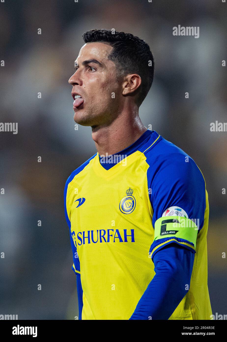 Cristiano Ronaldo of AlNassr FC gestures against AlRaed FC during