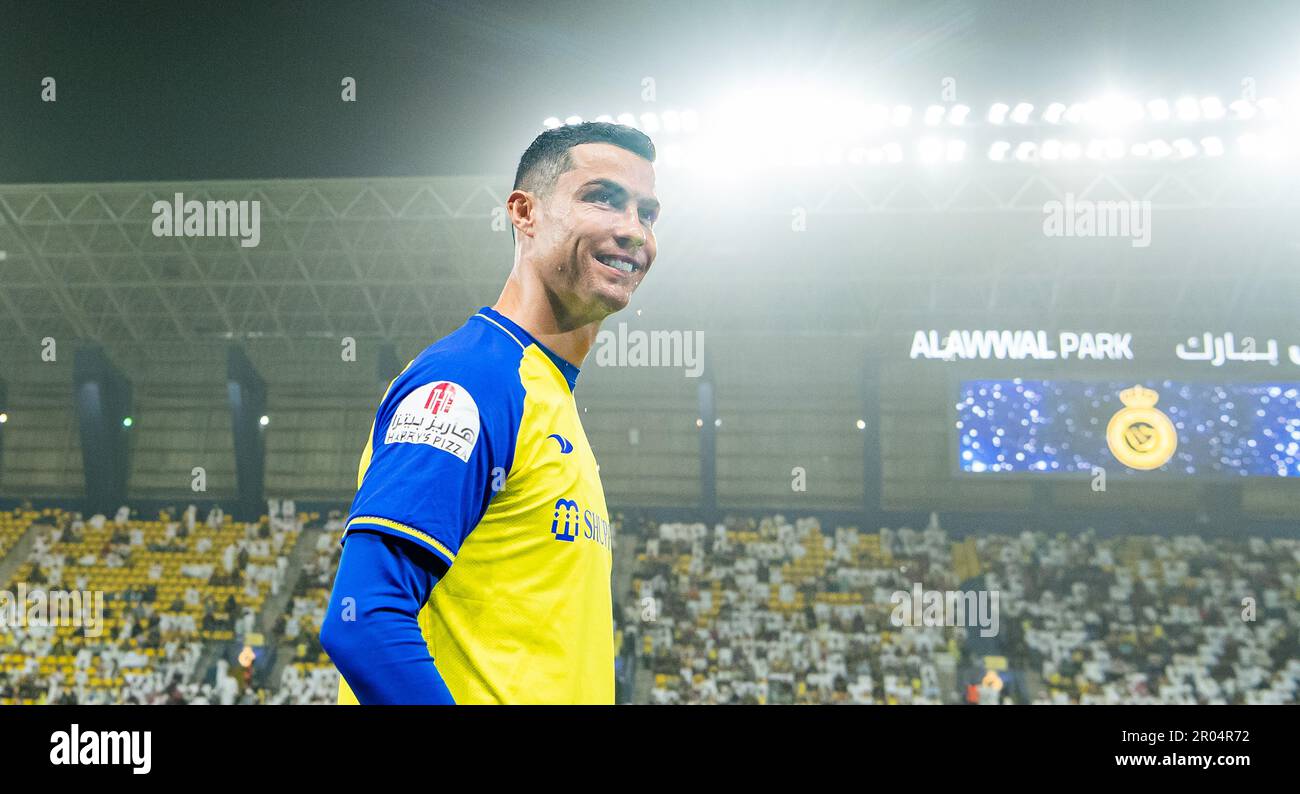 Cristiano Ronaldo of Al-Nassr FC smiles against Al-Raed FC during their SAFF Roshn Saudi Pro League 2023-24 Match Day 24 at Al-Awwal Park Stadium on April 29, 2023 in Riyadh, Saudi Arabia. Photo by Victor Fraile / Power Sport Images Stock Photo