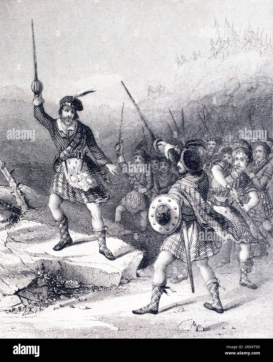 'Death and Lady Marion!' - Scottish soliders during the Marian civil war (1568–1573). Engraved by J Moore from the origional drawing by J Watkins c. early 1800s. Stock Photo