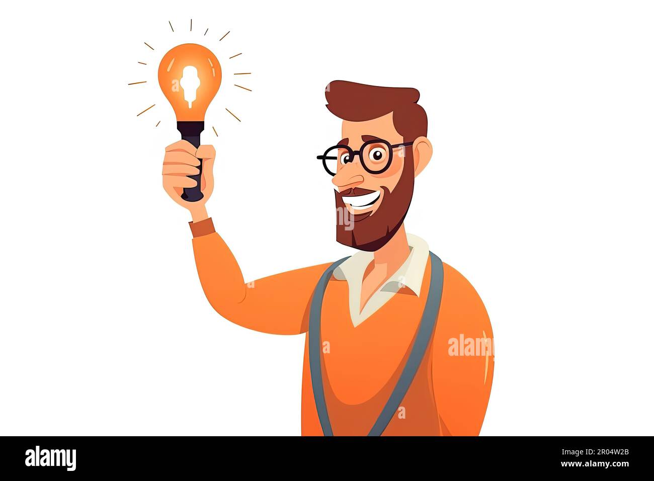 Happy man in glasses holding a lightbulb indicating good idea. Creative brainstorming and decision making concept. Vector illustration Stock Photo