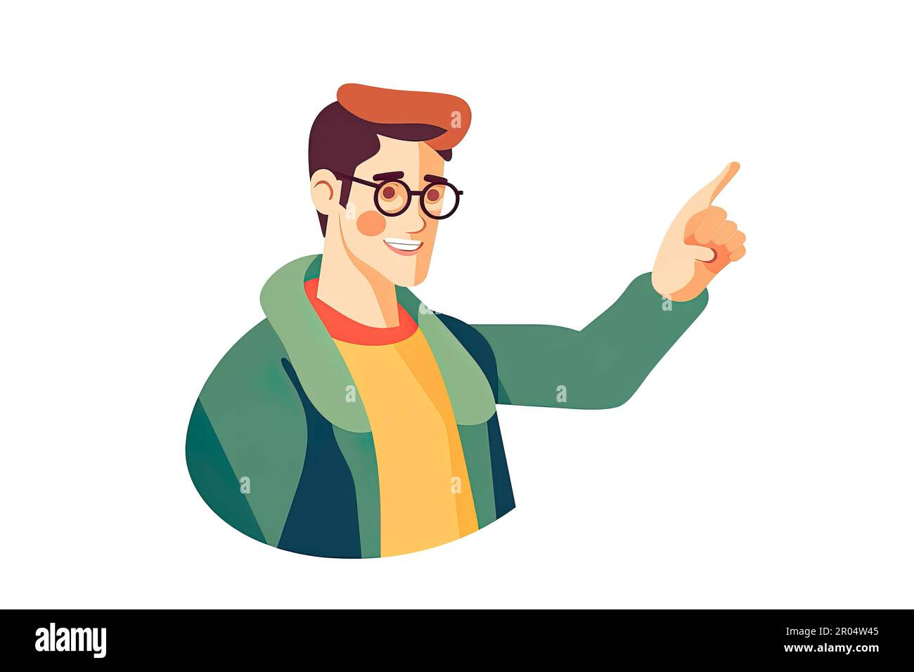 Happy man in glasses pointing finger up indicating good idea. Creative brainstorming and decision making concept. Vector illustration Stock Photo