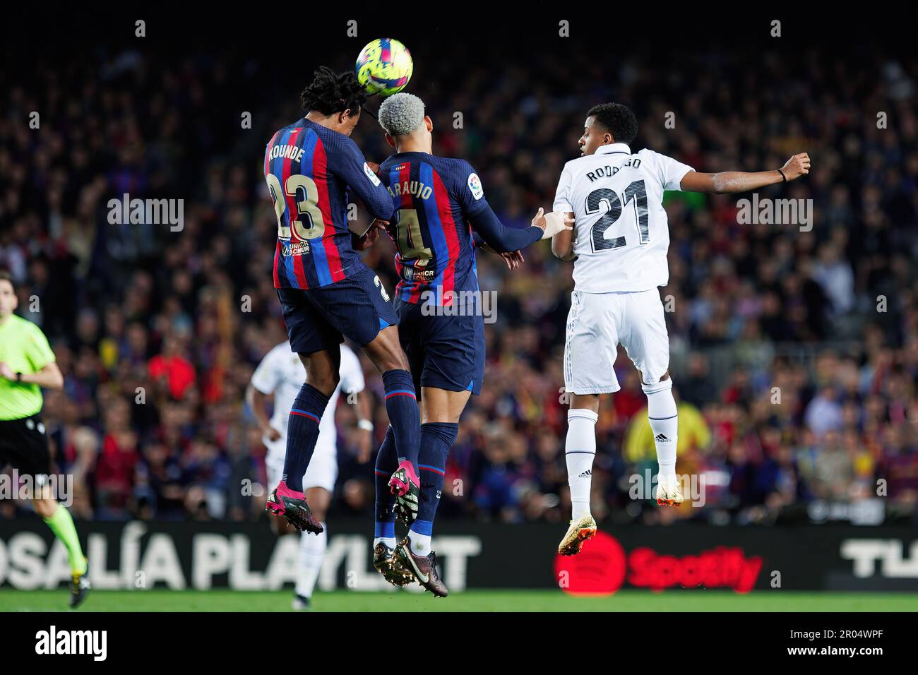 BARCELONA - MAR 19: Kounde, Araujo and Rodrygo in action during the