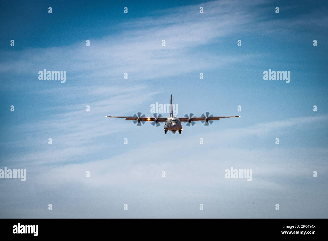 A U.S. Air Force C-130J Hercules aircraft assigned to the 61st Airlift Squadron, out of Little Rock Air Force Base, lands on Hubbard landing zone, at Fort Huachuca, Arizona while attending the Advanced Tactics Aircrew Course at the Advanced Airlift Tactics Training Center, April 18, 2023. Since 1983 the AATTC based out of St. Joseph, Missouri, has provided advanced tactical training to airlift aircrews from the Air National Guard, Air Force Reserve Command, Air Mobility Command, U.S. Marine Corps and 17 allied nations. (U.S. Air Force photo by Master Sgt. Patrick Evenson) Stock Photo