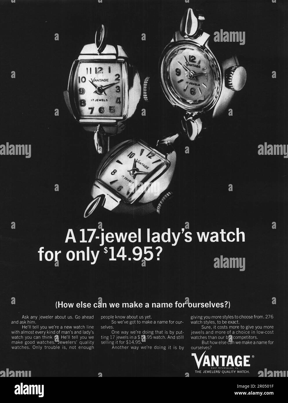 Vantage lady's watch advert in a Journal magazine, 1965. 'A 17-jewel lady's watch for only $14.95.' Stock Photo