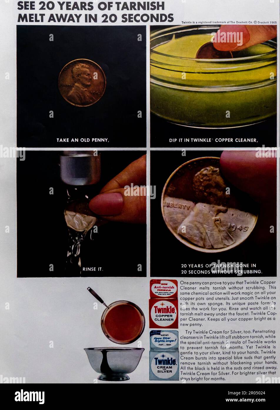 TWINKLE copper cleaner, cream & silver, cleaning and care product advert in a Journal magazine, 1965 Stock Photo