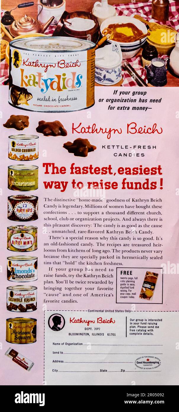 Kathryn Beich Katydids Candy advert in a Journal magazine, 1965 Stock