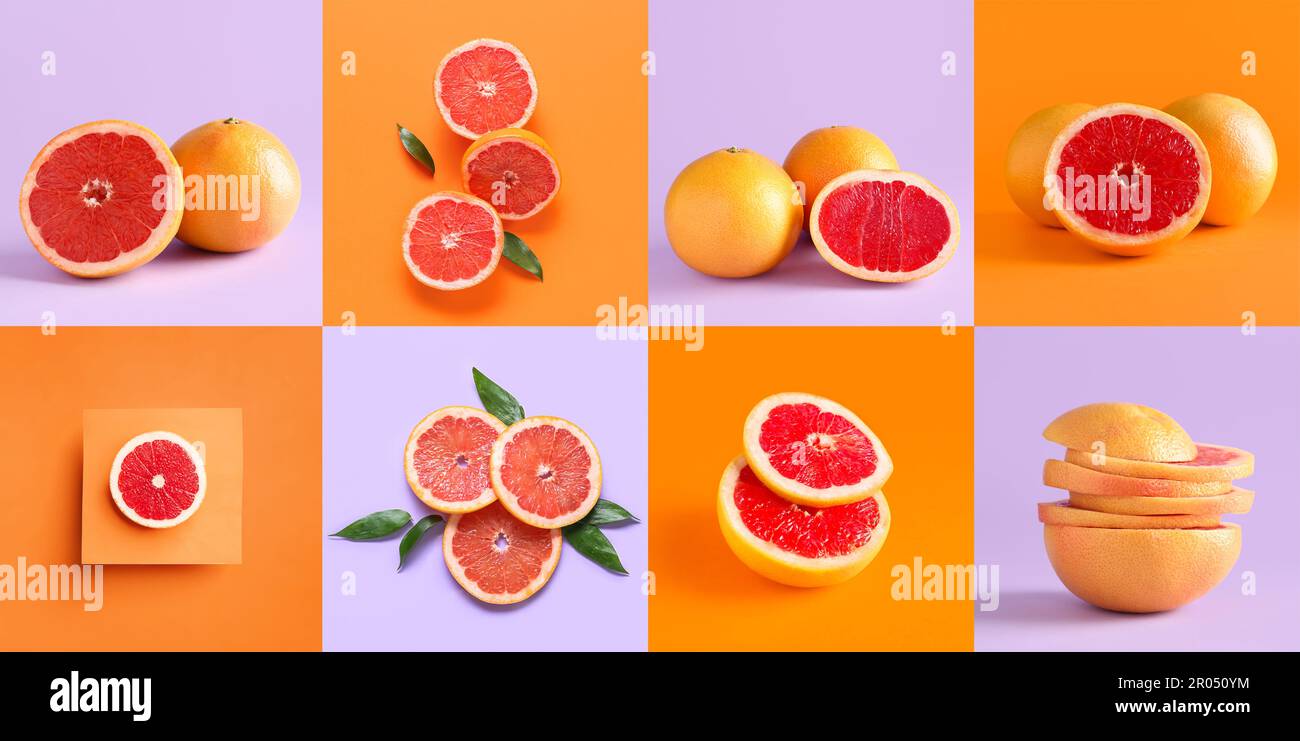 Collage with fresh grapefruits on bright background Stock Photo