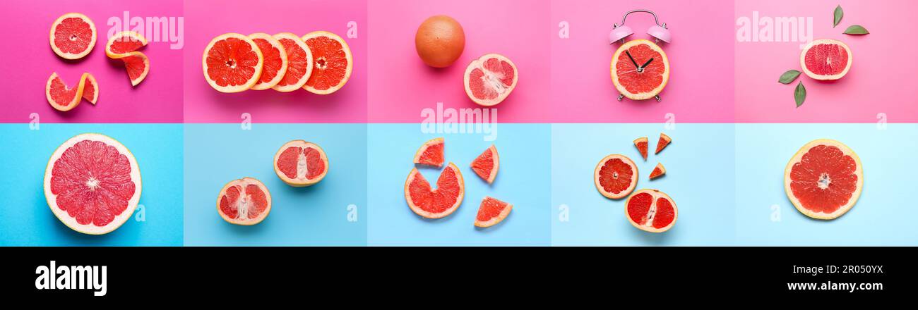 Collage with fresh grapefruits on colorful background Stock Photo