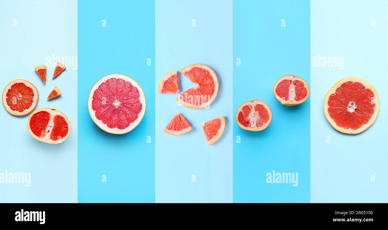 Collage with fresh cut grapefruits on light blue background Stock Photo