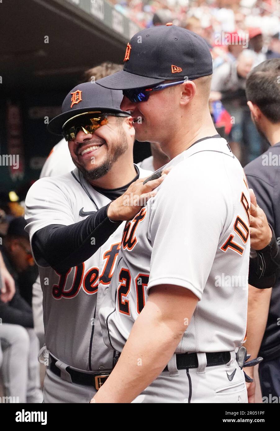 St. Louis, USA. 06th May, 2023. Detroit Tigers Alfredo Amezaga (L) hugs
