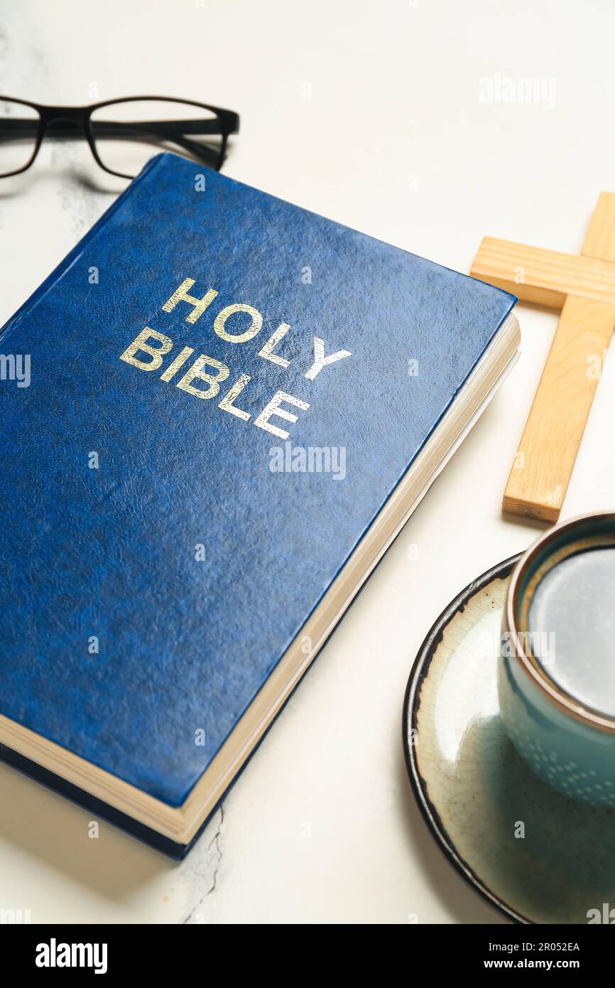 Holy Bible on white marble background Stock Photo Alamy