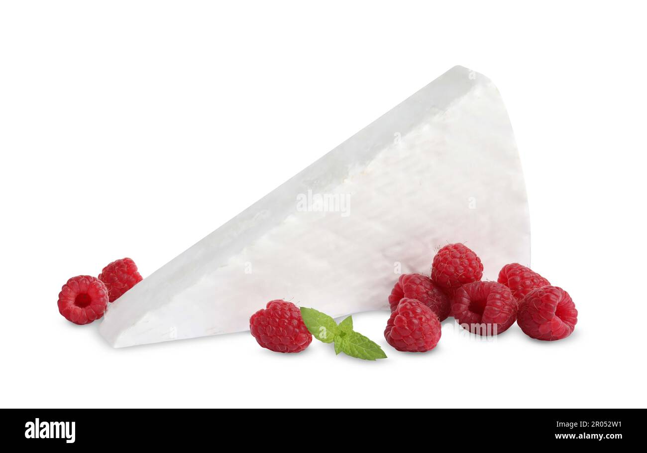 Brie cheese with raspberries isolated on white Stock Photo - Alamy