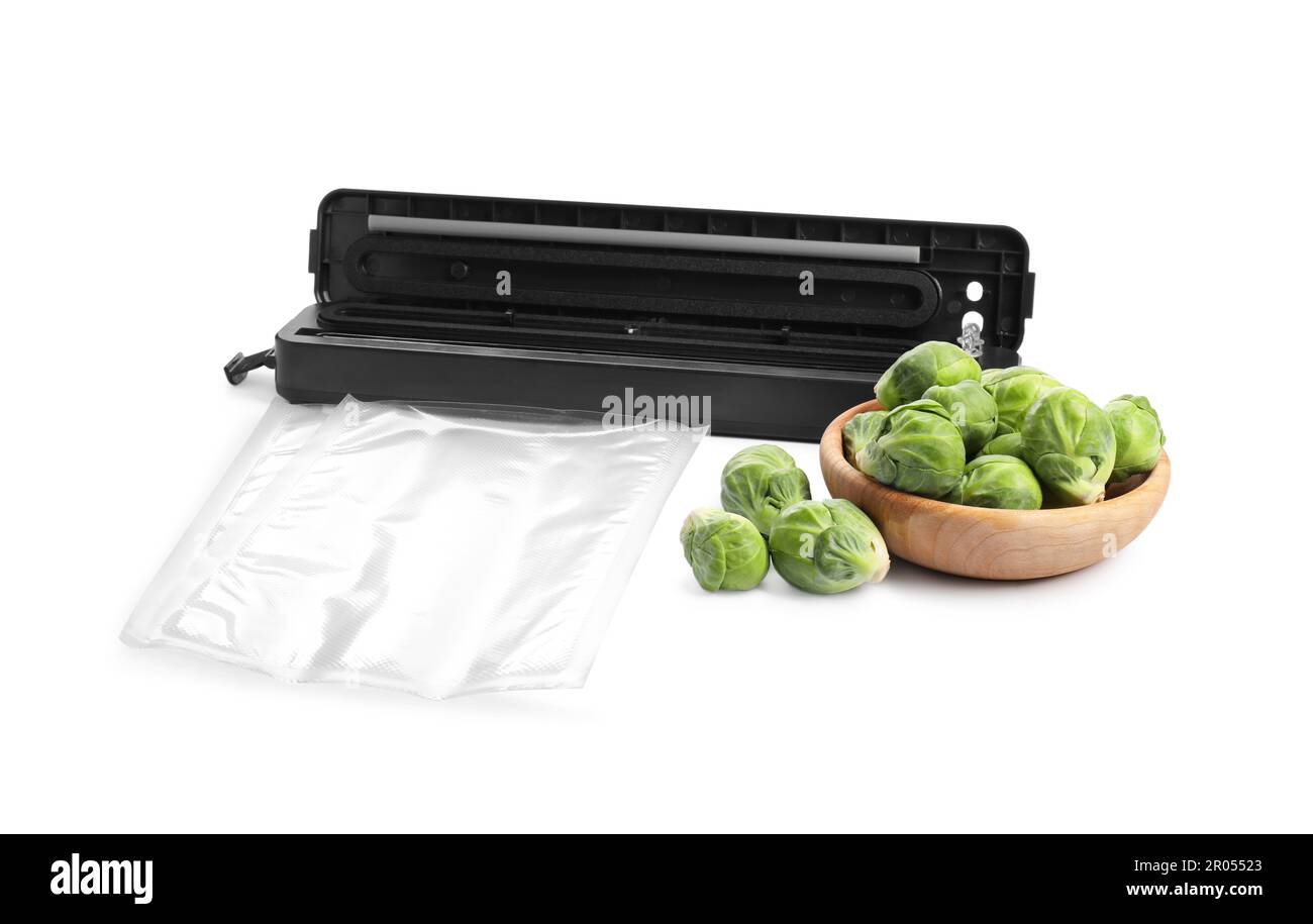 Sealer for vacuum packing, plastic bag and fresh Brussels sprouts on