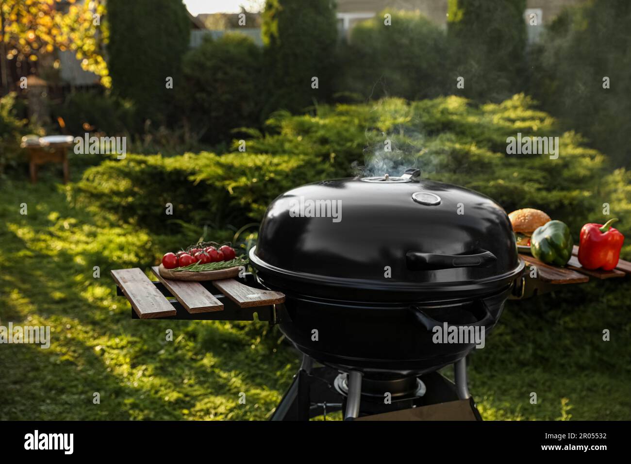 Closed barbecue grill and different food products outdoors Stock Photo