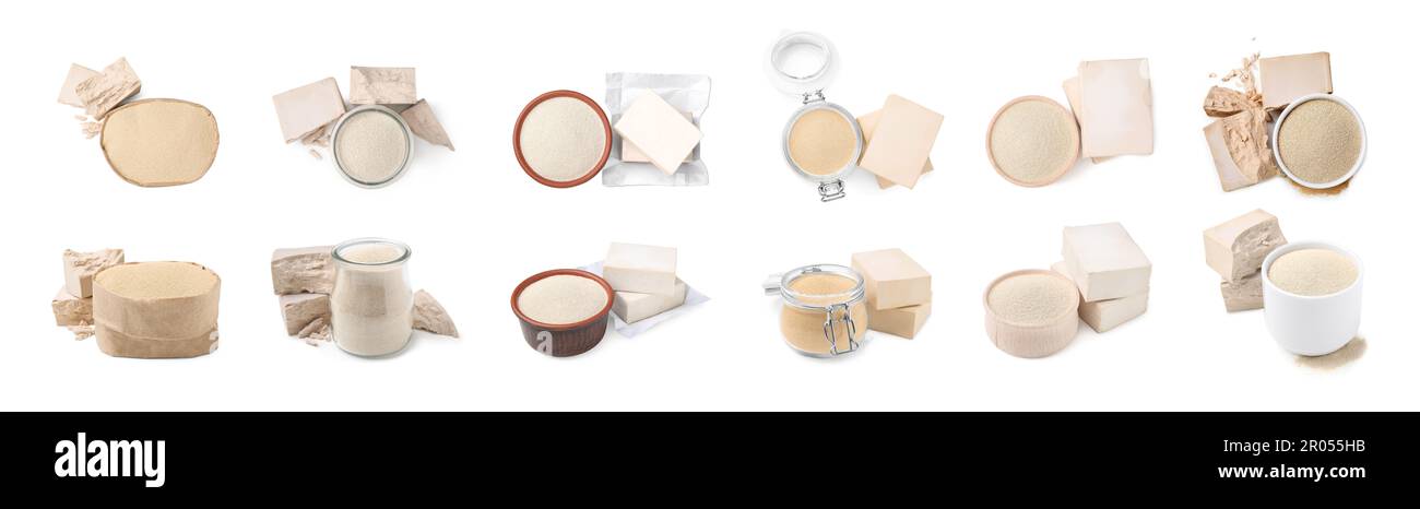 Set with different yeast on white background, banner design Stock Photo