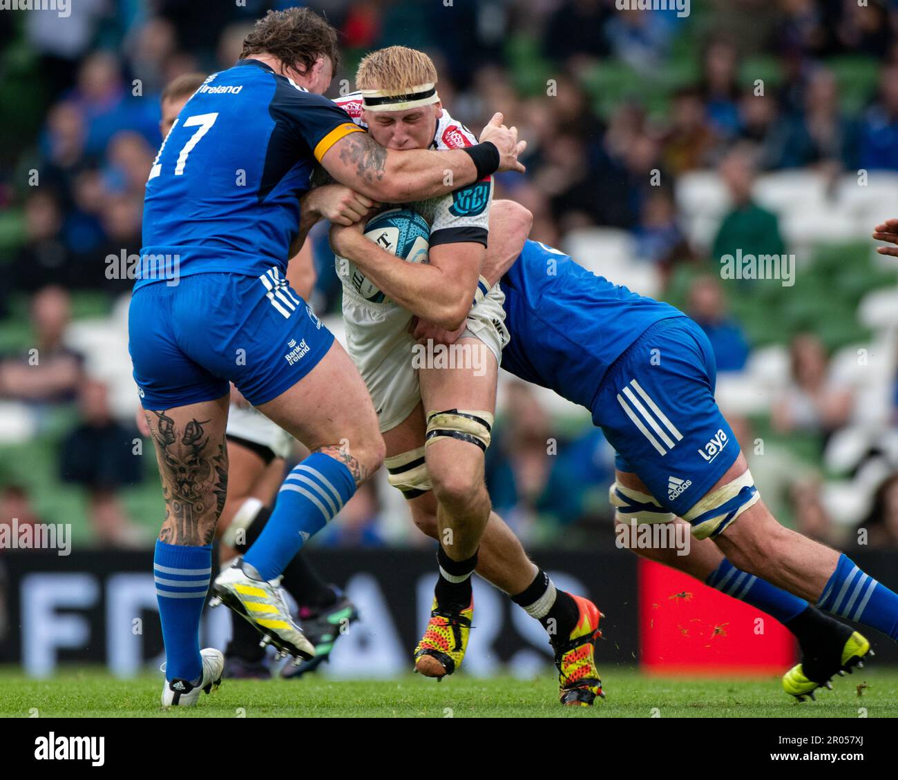 Dublin, Ireland. 06th May, 2023. Corne Rahl of Sharks tackled by Andrew ...