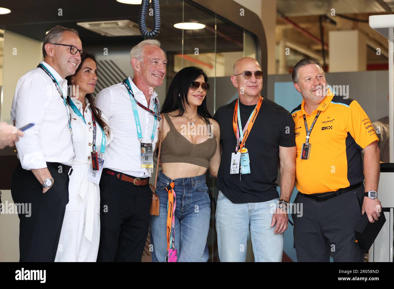 BROWN Zak (usa), CEO of of McLaren Racing, portrait DOMENICALI Stefano (ita), Chairman and CEO Formula One Group FOG, Jeffrey Preston Bezos known as Jeff Bezos with his wife MacKenzie Scott, MAFFEI Gregory, President & Chief Executive Officer of Liberty Media, portrait during the Formula 1 Crypto.com Miami Grand Prix 2023, 5th round of the 2023 Formula One World Championship from May 05 to 07, 2023 on the Miami International Autodrome, in Miami Gardens, Florida, United States of America - Photo Antonin Vincent/DPPI Credit: DPPI Media/Alamy Live News Stock Photo