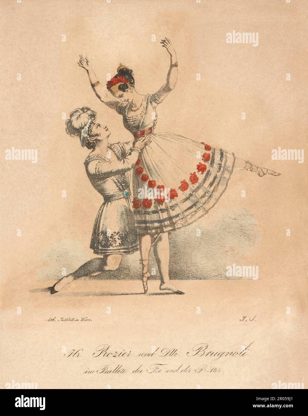 1825 ca , VIENNA , AUSTRIA : The celebrathed italian ballerina  AMALIA BRUGNOLI SAMENGO ( Samingo ,  1802 – 1892 ), in this image with dancer ROZIER in ballet ' Die Feé und det Ritter ' . Married with coreographer and dancer PAOLO SAMENGO ( 1797 - 1863 ) in Naples ( Italy ), 1828 . Portrait by J. S., printed in Vienna . - HISTORY - FOTO STORICHE - BALLERINA - CHOREOGRAPHER - COREOGRAFO - ballet -  BALLETTO CLASSICO - THEATRE -  TEATRO - DANCE - DANZA  - CLASSICAL - dancer  - incisione - engraving - illustrazione - illustration - ballerino - ballerina - duo - duetto - OTTOCENTO - '800 - 800's - Stock Photo
