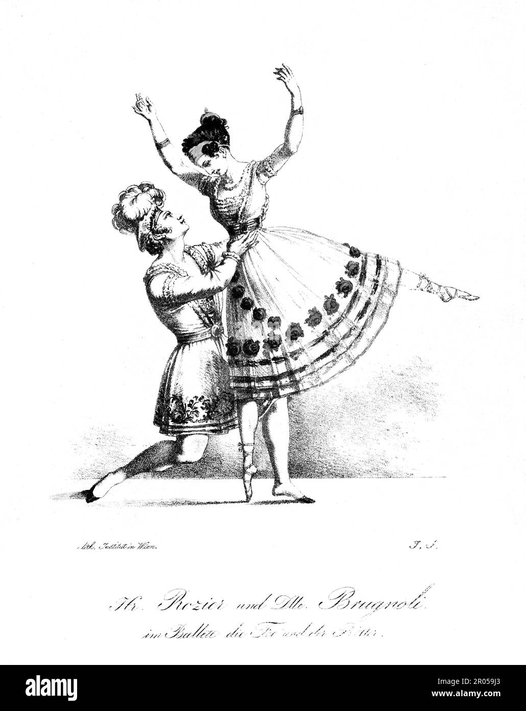 1825 ca , VIENNA , AUSTRIA : The celebrathed italian ballerina  AMALIA BRUGNOLI SAMENGO ( Samingo ,  1802 – 1892 ), in this image with dancer ROZIER in ballet ' Die Feé und det Ritter ' . Married with coreographer and dancer PAOLO SAMENGO ( 1797 - 1863 ) in Naples ( Italy ), 1828 . Portrait by J. S., printed in Vienna . - HISTORY - FOTO STORICHE - BALLERINA - CHOREOGRAPHER - COREOGRAFO - ballet -  BALLETTO CLASSICO - THEATRE -  TEATRO - DANCE - DANZA  - CLASSICAL - dancer  - incisione - engraving - illustrazione - illustration - ballerino - ballerina - duo - duetto - OTTOCENTO - '800 - 800's - Stock Photo