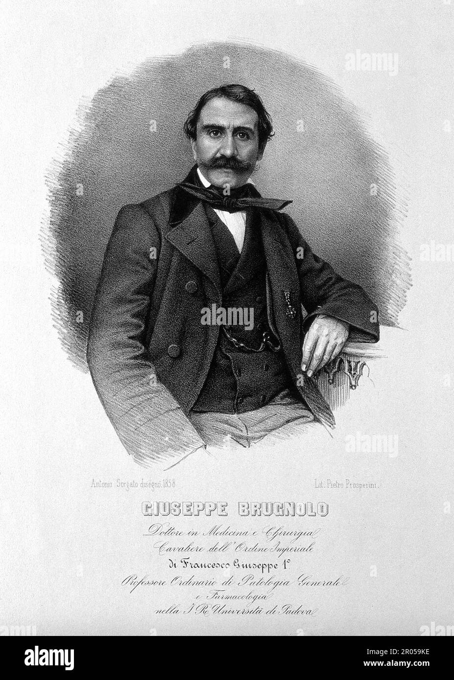 1858 ca , Padova ,  ITALY : The celebrated Italian veterinarian , pharmacist and physician GIUSEPPE BRUGNOLO ( born in San Daniele del Friuli 4 december 1804 - Padova 15 november 1876 ). Became the personal physician of  the Kaiser Franz Joseph I ABSBURG of Austria , also was a professor at Padua University . Engraving from a 1858 portrait by Antonio Sorgato ( 1801 - 1875 ), lithographed by Pietro Prosperini - HISTORY - FOTO STORICHE - PATOLOGO - PATOLOGIA - VETERINARIO - VETERINARIA - VETERINARIAN - JOSEF - VETERINARY - FARMACIA - PHARMACY - Università di Padova - pathology  - foto storiche - Stock Photo