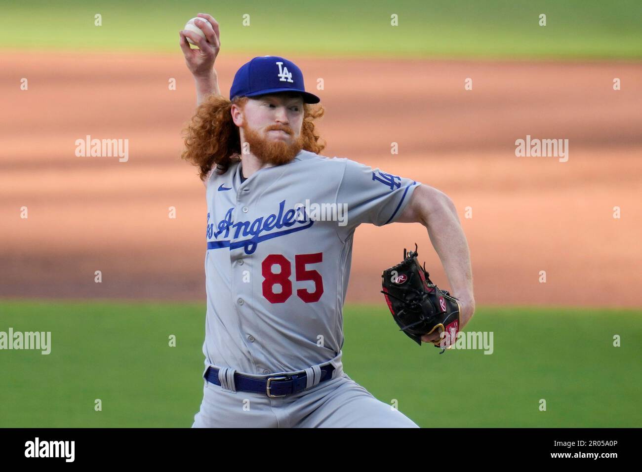 Los Angeles Dodgers starting pitcher Dustin May works against a San